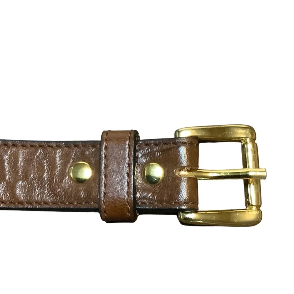 Brown Leather Belt Gold Tone Buckle Textured Waist Kid Waist Size 20-24